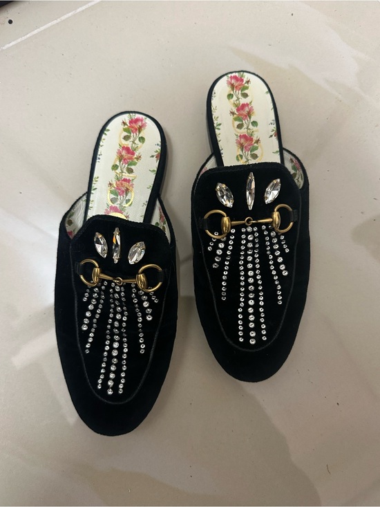 Gucci Shoes - Gucci Black Velvet Crystal-Embellished Horsebit Mules